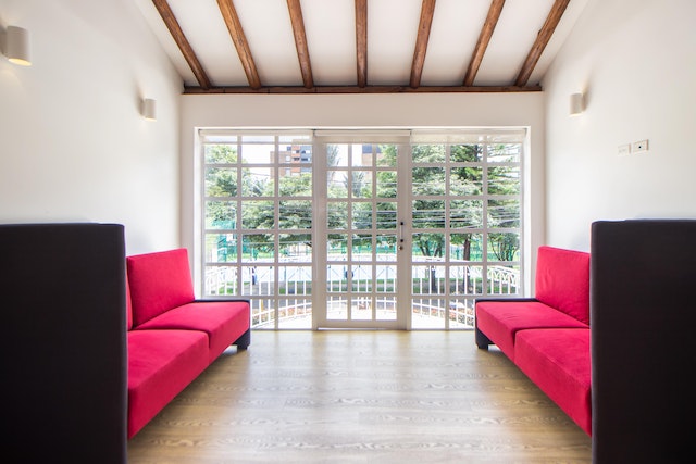 Living room with white French doors